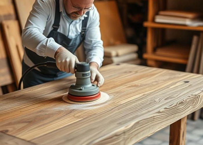 Technician applying wood polishing on wooden table