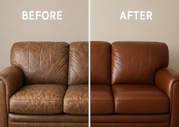 before and after couch repair showing restored leather