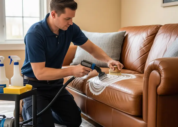 Specialist using leather couch cleaner for deep cleaning