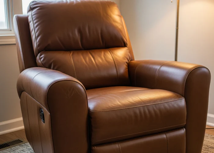 Worn leather recliner revived through leather dyeing & repair