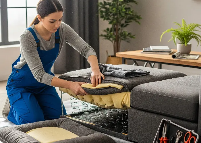 Technician fixing sagging cushions – sofa repair near me Mumbai