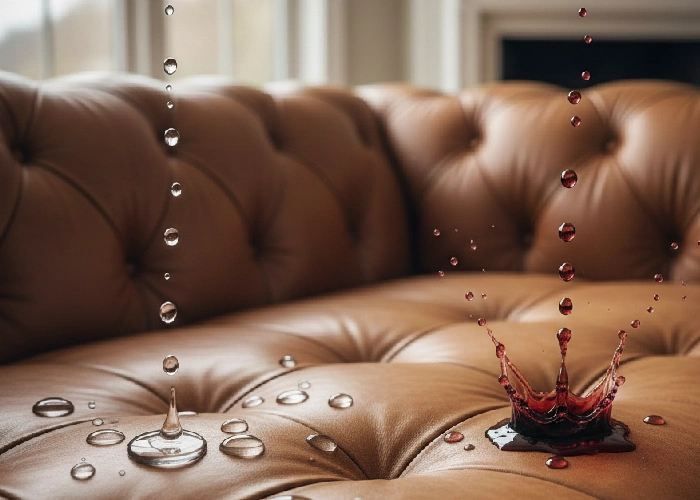 Hydrophobic coating applied to a leather sofa to show protection against stains and moisture after treatment.