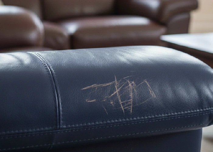 Leather scratch repair completed by Furniture Laundry, highlighting smooth, revived leather with long-lasting results.