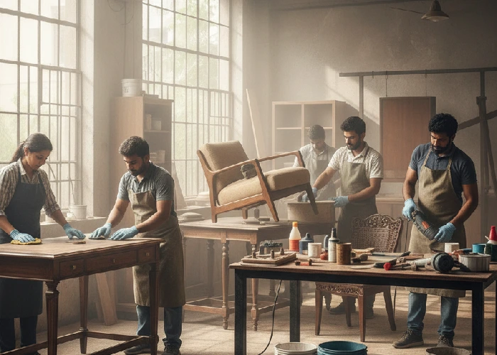 Surface coating specialists at Furniture Laundry restoring and polishing furniture in Mumbai workshop.